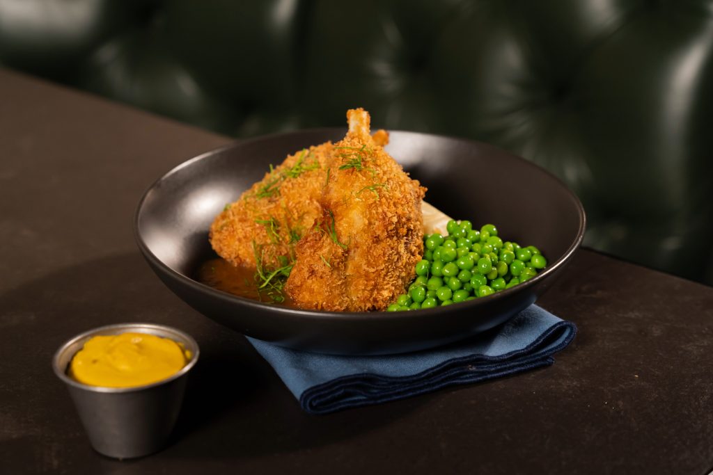 Crumbed Pig Wing with Garlic Peas, Mash ajnd Kraut - Don KRC Foodservice